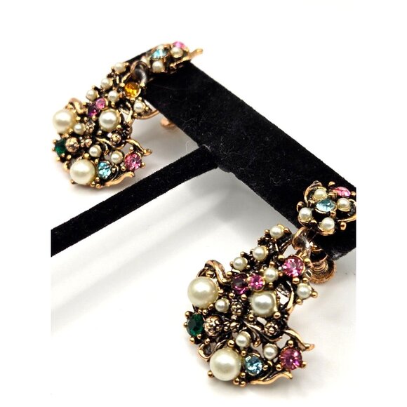 Hollycraft 50s multi color rhinestone faux pearl earrings screw backs unsigned - Picture 4 of 6